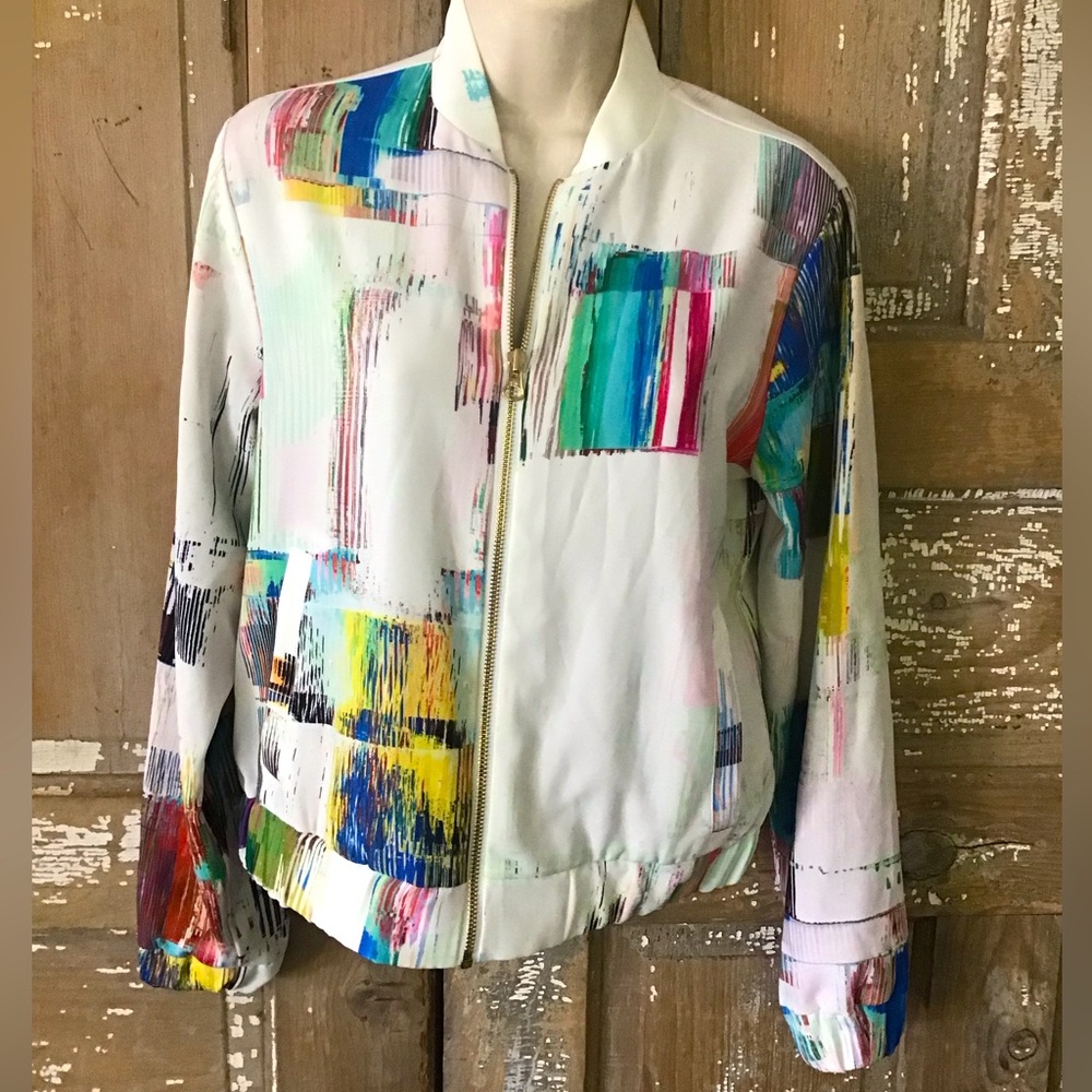 ROBERT GRAHAM Meredith White Rainbow Brushstroke Print Crepe Bomber Jacket S